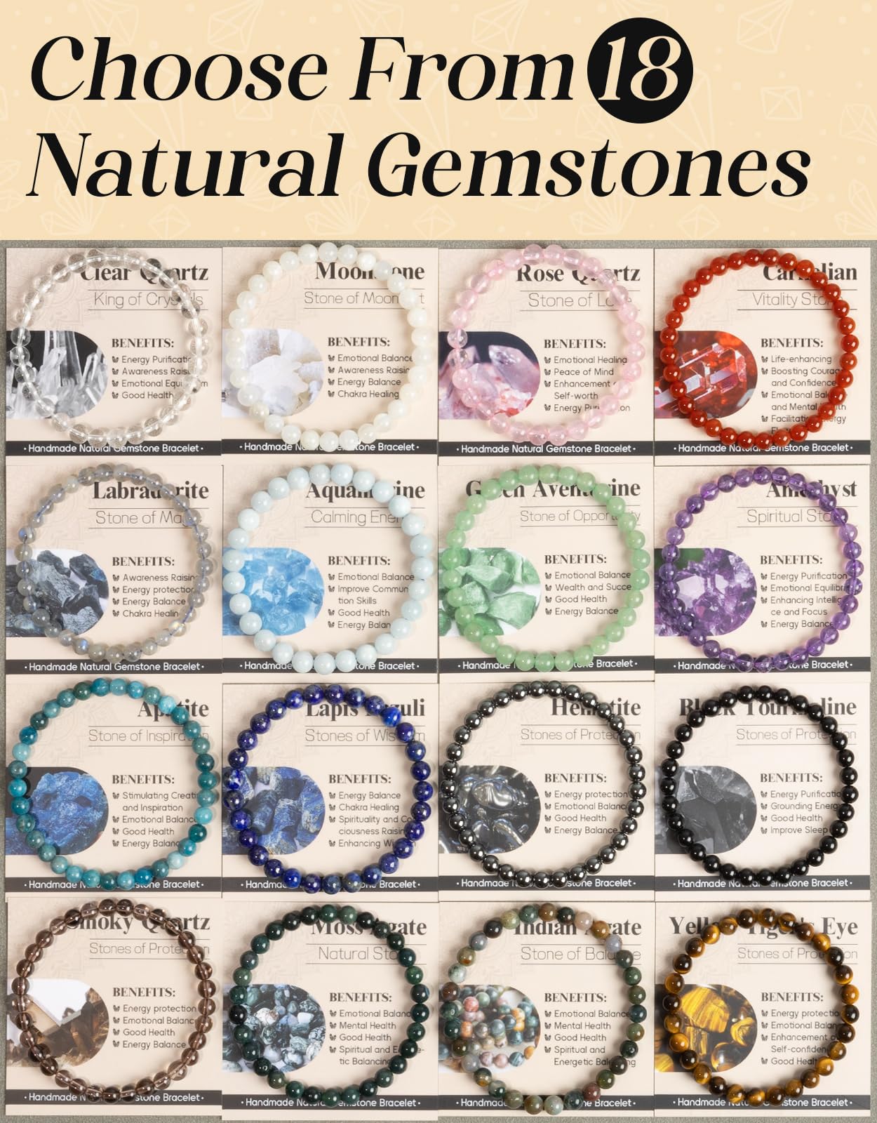 Landorilo Beaded Bracelet for Men Women, 6mm Natural Stone Hematite Healing Crystal Stretch Bracelets, Ideal Christmas Birthday Jewelry Gifts with Energy Card，Replacement Beads Included