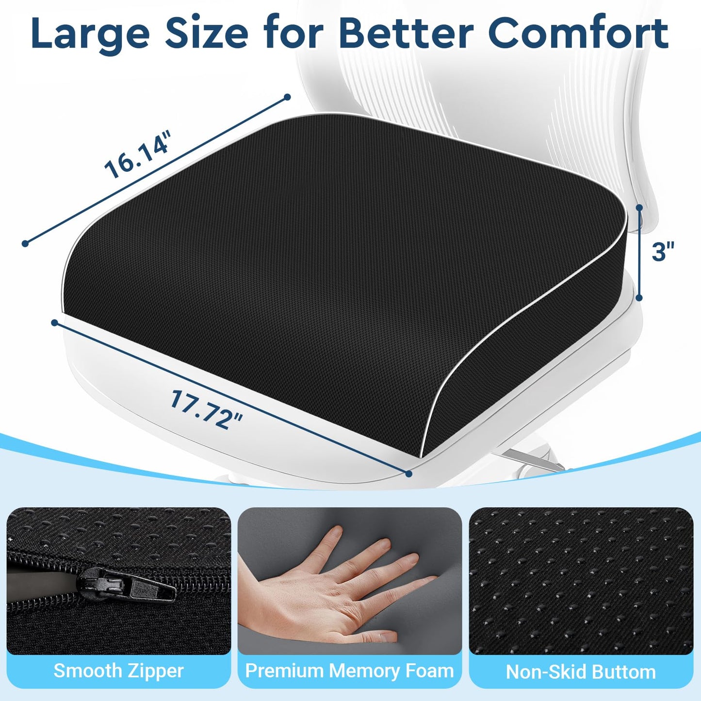 SofterCharm Seat Cushion, Memory Foam Office Chair Cushions for Long Sitting Hours, Chair Pad for Sciatica, Coccyx, Tailbone, Hip Pain & Pressure Relief, Office, Home, Car Seats, Airplane, Black/Large