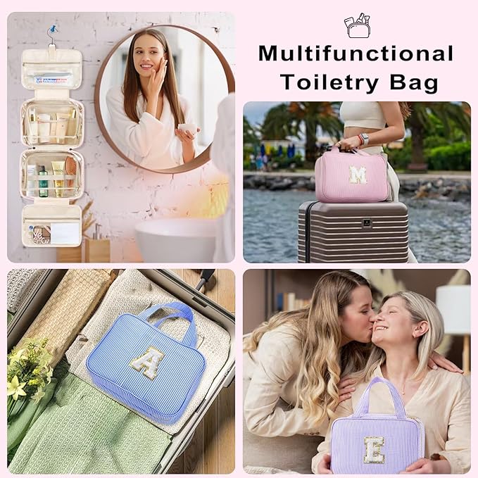 TOPEAST Hanging Toiletry Bag for Women - Travel Toiletry Bag Makeup Bag, Portable Toiletries Cosmetic Bag, Airplane Travel Essentials - Letter P, Blue