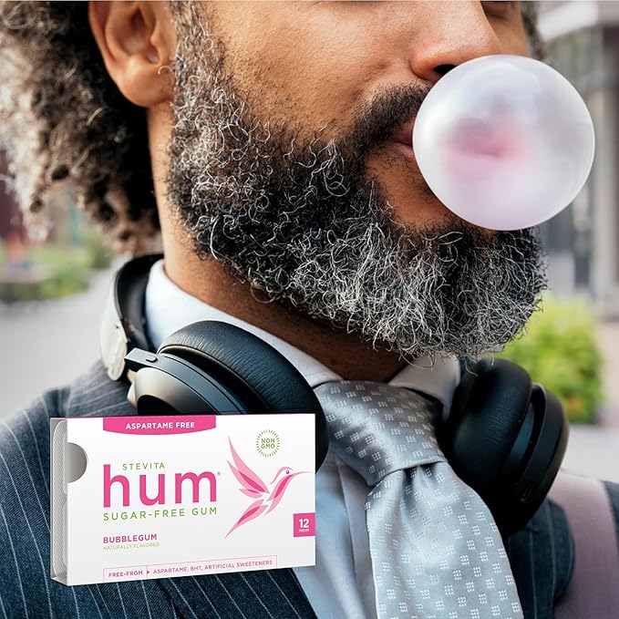 Stevita Hum, Bubblegum - Sugar-Free Gum - 12 Pieces, Pack of 12 - Supports Oral Health - Non-GMO, Vegetarian, Keto, Gluten Free - 72 Total Servings