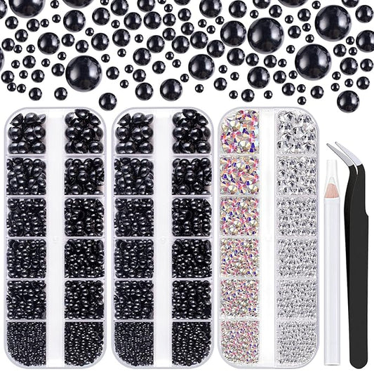 4000PCS Flatback Rhinestones and Half Round Pearls Kit #12, Multi Size Glass Clear & AB Crystals, Plastic Flat Back Black Dome Bead with Pickup Pencil and Tweezer for Nail Art