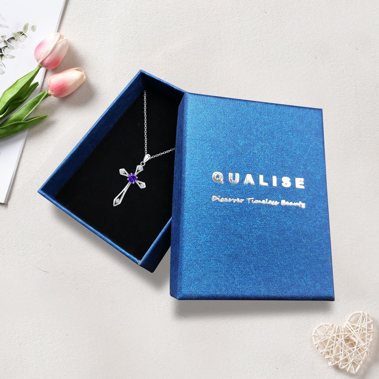 QUALISE Cross Necklace for Women,925 Sterling Silver February Birthstone Necklace Cross Pendant 5A CZ 12 Birth Months Birthstone Amethyst Jewelry Birthday Gifts for Her Wife Mom