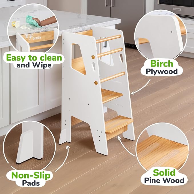 OCODILE Toddler Standing Tower - Adjustable Height Toddler Kitchen Stool Helper - Ideal Kids Kitchen Step Stool for Learning New Skills - Updated Design with Safety Feet - White