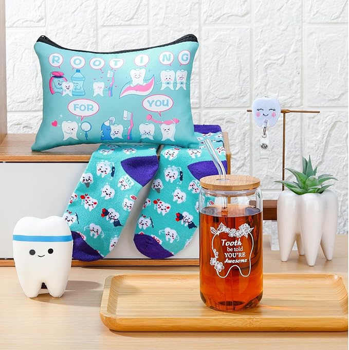 Pickmesh 6 Pcs Dental Gifts Dentist Assistant Hygienist Gifts 16 oz Glass Cups with Lid Makeup Bag Socks Badge Holder Tooth Brush Pot for Women Coworkers Doctor Nurse Christmas Accessories(Blue)