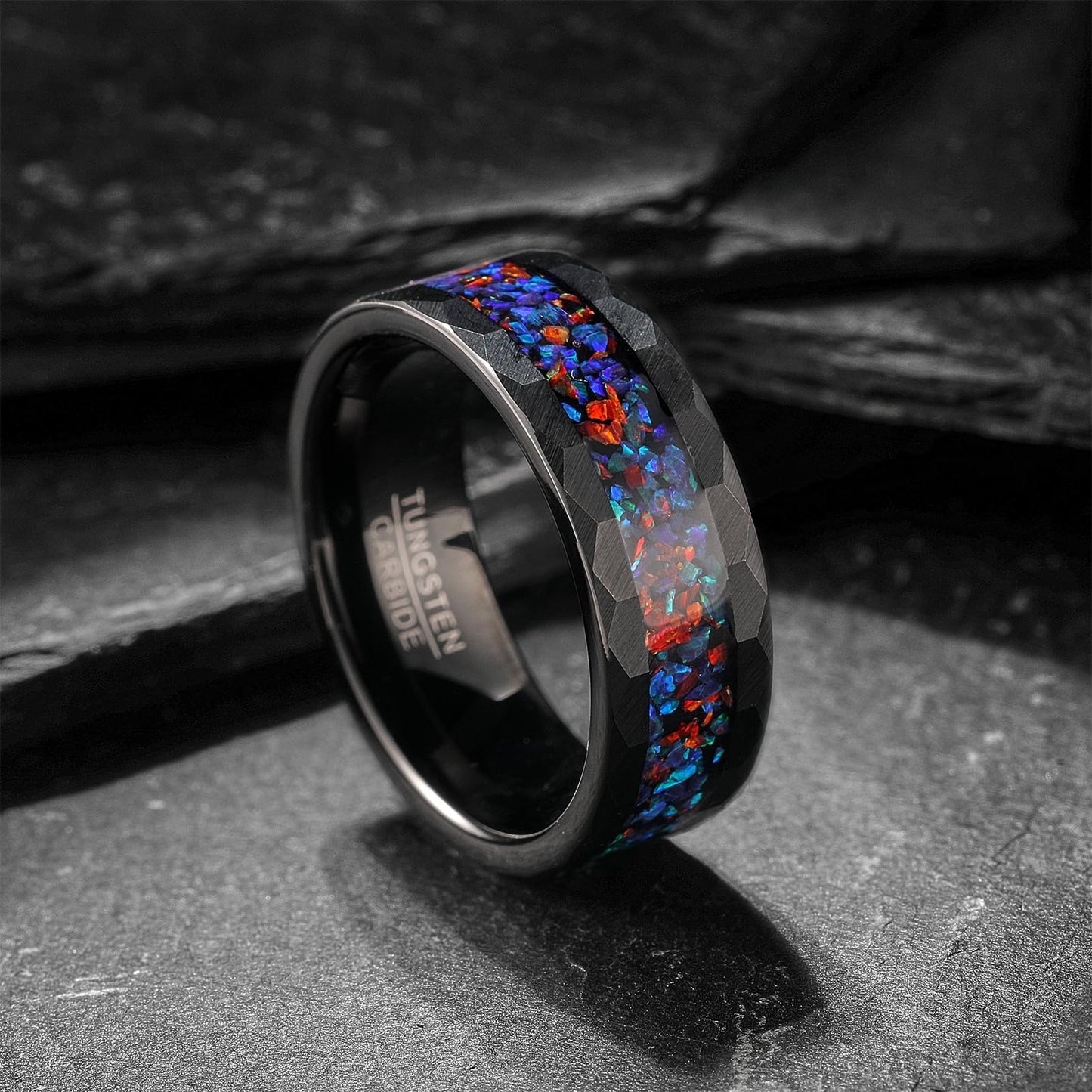 NUNCAD Black Tungsten Rings for Men Women Engagement Wedding Bands Hammered Inlay Galaxy Opal Matte Finish 8mm Comfort Fit Sizes 12