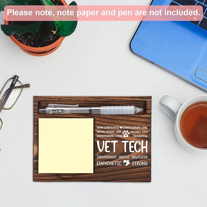 Vet Tech Appreciation Gifts, Thank You Gift for Veterinary Technician, Veterinary Tech Office Coworkers Staff Appreciation Gifts, Sticky Note Holder Wooden Notepad & Pen Holder 6.5" x 4.7" - FTA274
