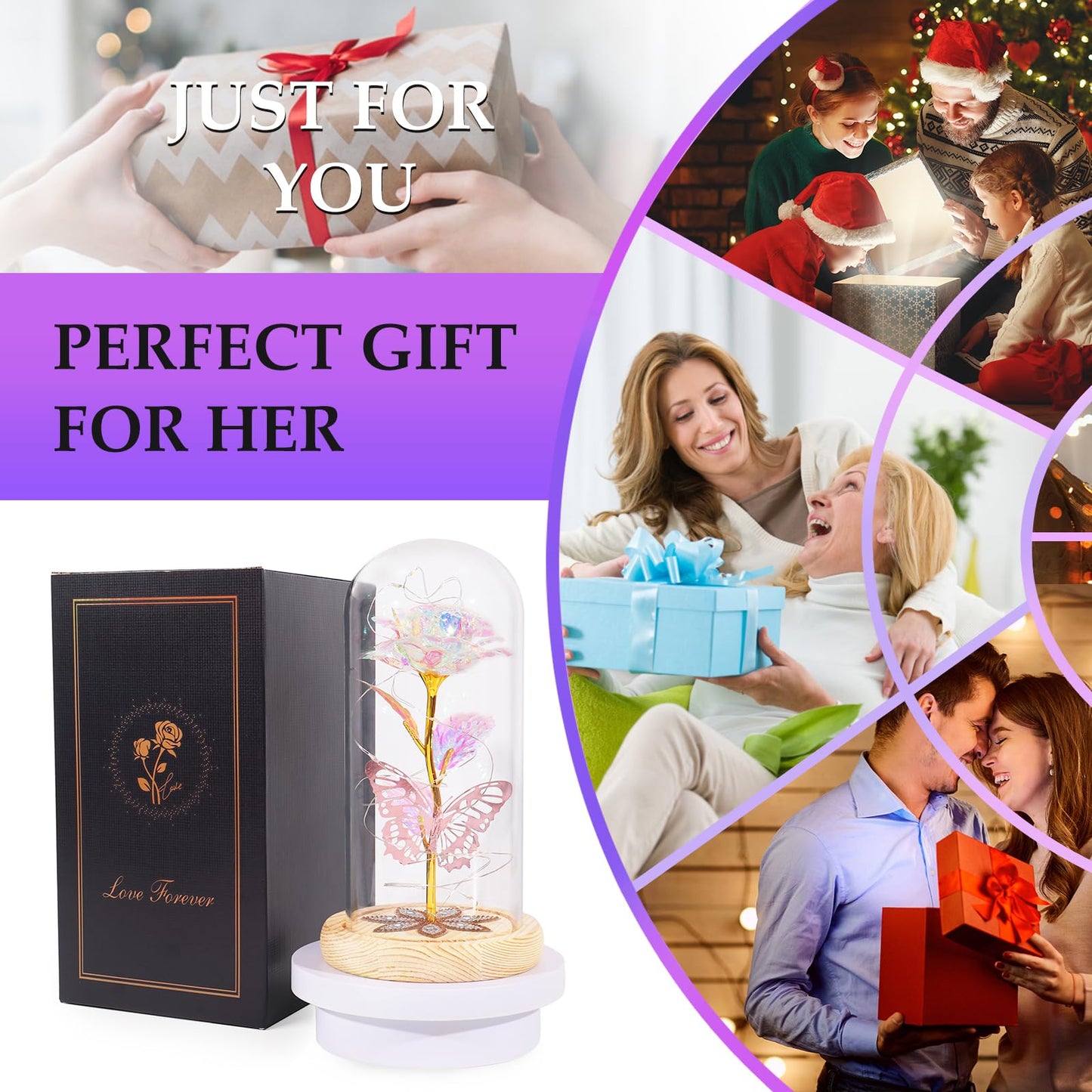 Birthday Gifts for Women Mom Galaxy Glass Rose Forever Preserved Flowers for Delivery Prime Artificial Eternal Rose in Glass Dome Mothers Day Moms Gift for Grandma Wife Daughter, Rainbow