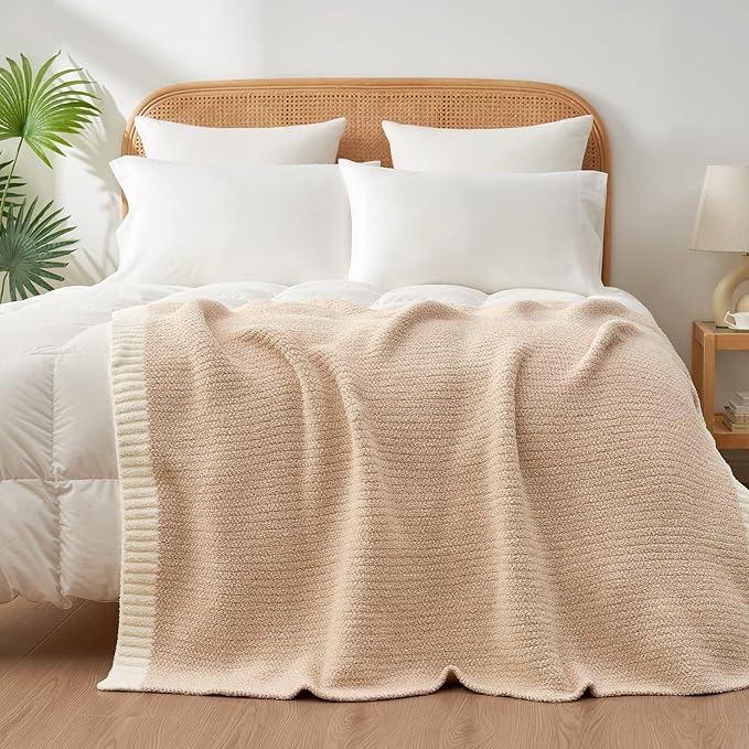 Snuggle Sac Heather Beige Throw Blankets Luxurious Microfiber Fabric, Reversible Super Soft Throws Warm Cozy Knit Fuzzy Plush Throw Blanket for Couch, Bed, Sofa, Camping, Beige,50x60 inches
