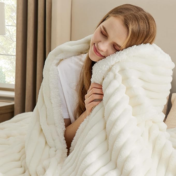 Bedsure Sherpa Blanket Queen Size for Bed - Super Soft, Cozy Fleece Thick Warm Blanket for Winter, GentleSoft Home Room Decor, White, 90x90 Inches