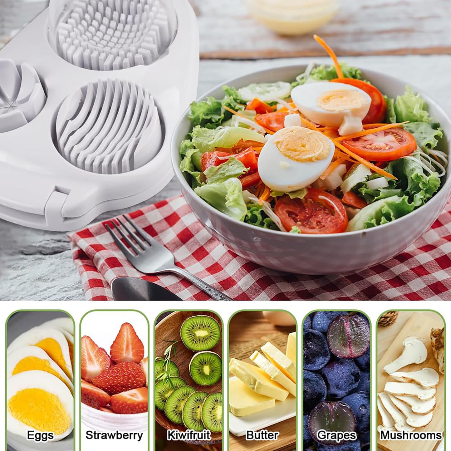3 in 1 Egg Slicer for Hard Boiled Eggs with Cleaning Brush, Multipurpose 3-Way Cutter with 3 Slice Modes, Heavy Duty, Hard Boiled Egg Cutter & Fruit Slicer, Dishwasher Safe (White)