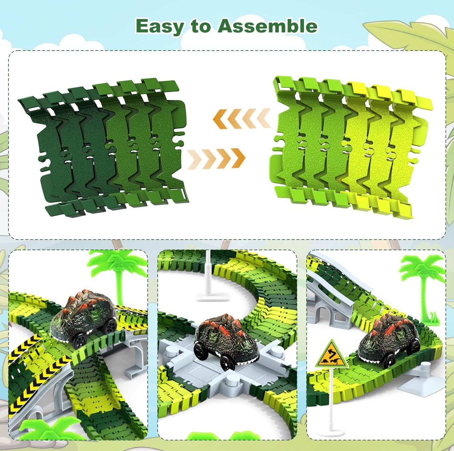 Dinosaur Toys for Kids 3-5, Glow in The Dark Flexible Train Track Playset, 2 Dinosaur Car for 3 4 5 6 7 Year & Up Old Boys & Girls Best Gift