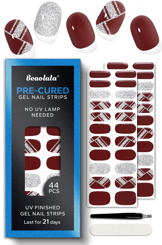 Beaolata Real Gel Nail Strips (No UV Light Needed) - 44Pcs Salon Quality Nail Stickers - Long Lasting Polish Wraps for Women, Easy Apply & Remove (Cocoa Brown）