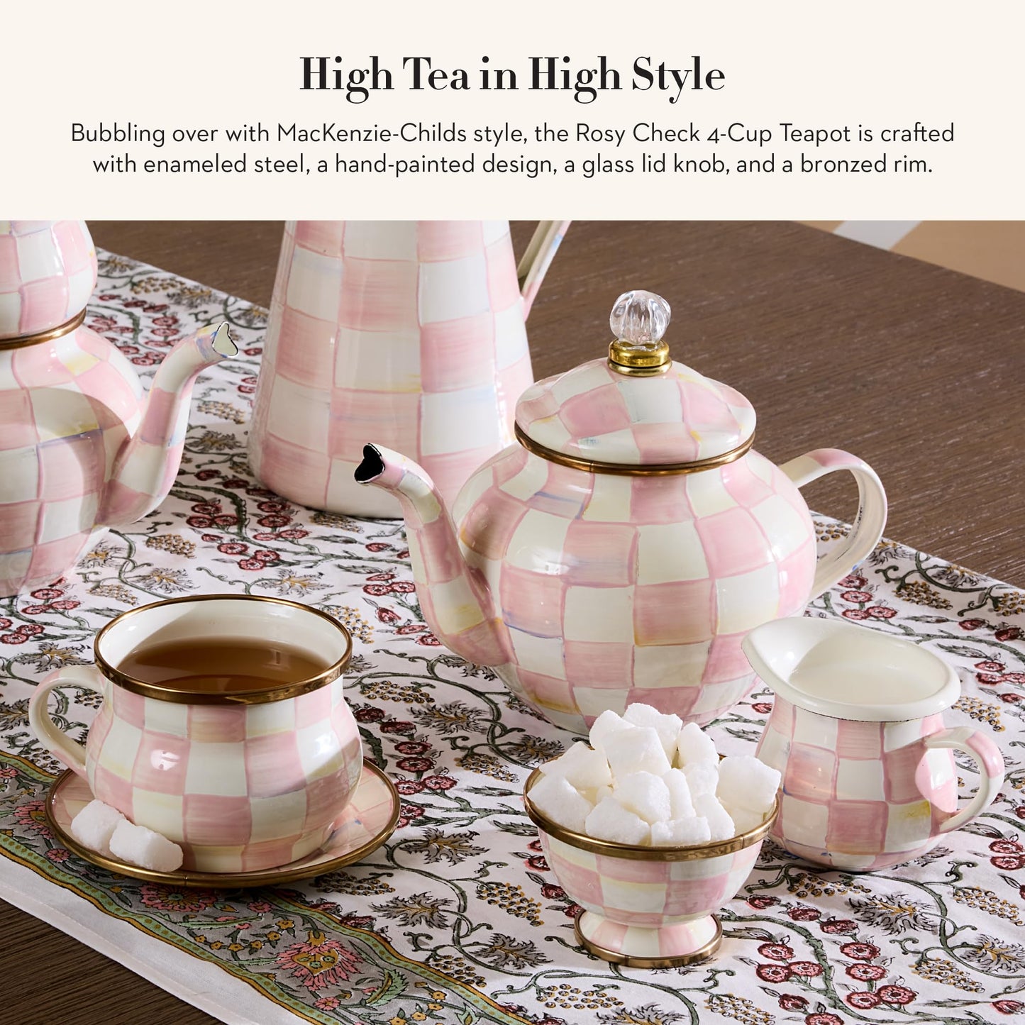 MACKENZIE-CHILDS Enamel Teapot, Cute Small Teapot with Lid, 4-Cup Capacity, Pink-and-White Rosy Check