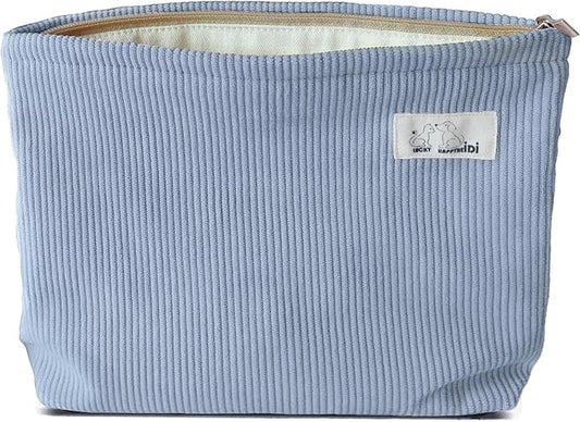 HAPPYHEIDI Large Corduroy Makeup Bag Compartment Cosmetic Toiletry Travel Accessory Pouch Purse Organizer, Soft Misty Blue