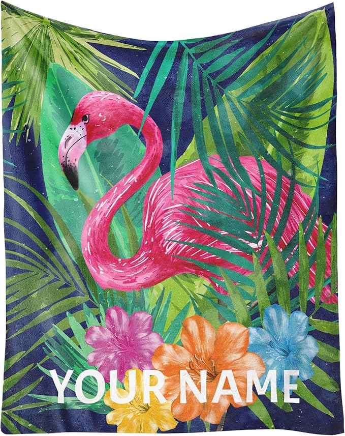 Custom Flamingo Blanket Gifts with Name - 40 x 50 Inches Funny Flamingo Throw for Kids - Green Warm Furry Plush Blankets for Couch