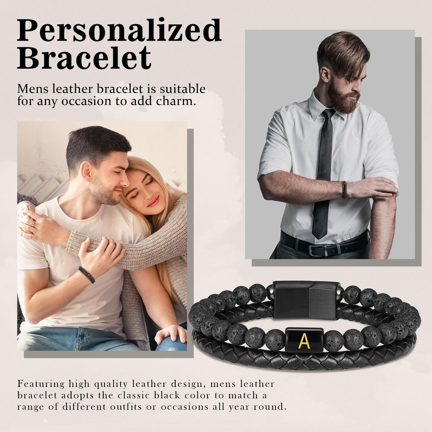 Mens Leather Bracelet with Initial - Men Gift Lava Rock Bead Magnetic Clasp Black Leather Bracelets Mens Gifts Men Bracelets with Initial N Bracelet for Men's Jewelry Men's Gifts for Dad Husband Him