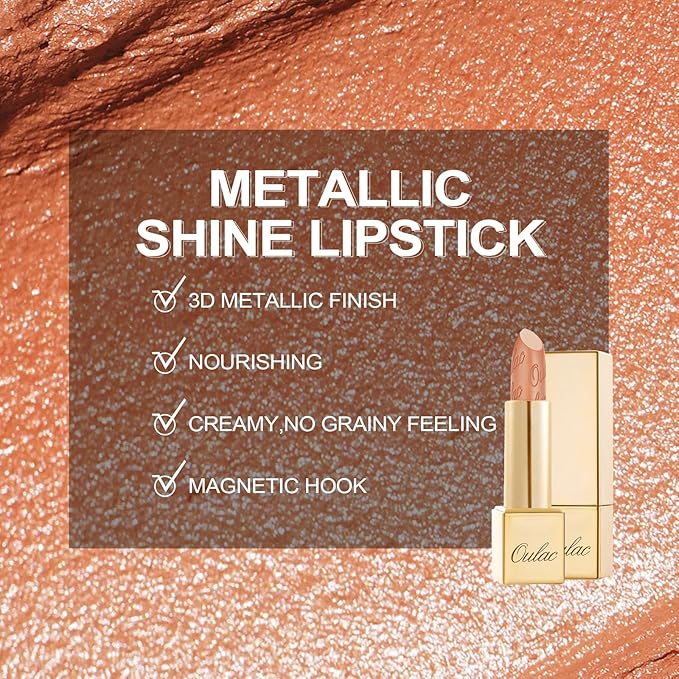 Oulac Nude Matte Lipstick with Glow Metallic Finish - Vegan Lipstick for Women, Creamy Texture, Hydrating Clean Beauty Formula, High-End Magnetic Hook Design, GM10 Chicness