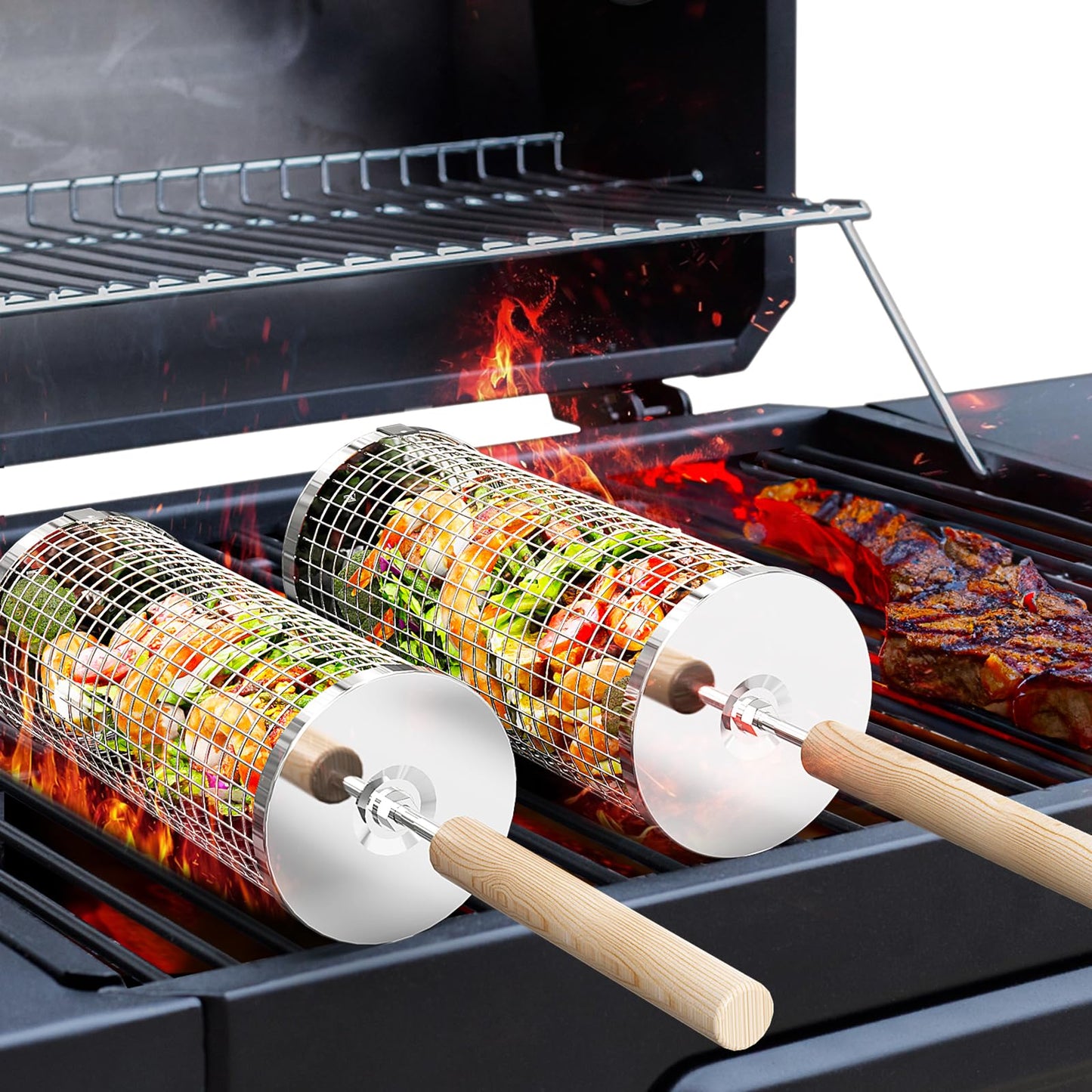 ivtivfu Rolling Grill Baskets, Removable Wooden Handle, 304 Stainless Steel, Nesting Grilling Net, BBQ Accessories Tools for Vegetable Shrimp, Outdoor Cooking Camping, Birthday Gifts for Men Dad Husband