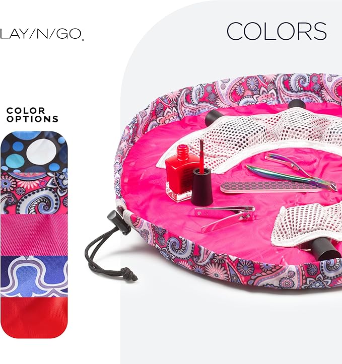 Lay-n-Go NailSpa Drawstring Cosmetic Bag - Portable Nail Supplies Organizer Bag w/ 8 Elastic Mesh Pockets & Circular Center - Durable, Machine Washable Nail Kit Organizer (18", Pink Paisley)