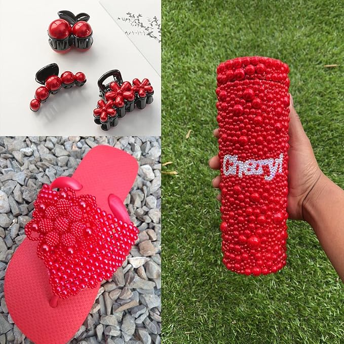 4000PCS Flatback Rhinestones and Half Round Pearls Kit #43, Multi Size Glass AB Crystals, Plastic Flat Back Red Dome Bead with Pickup Pencil and Tweezer for Nail Art