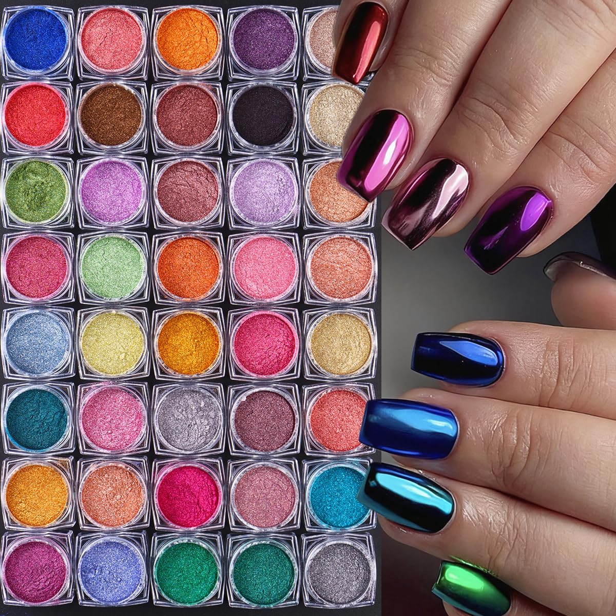 40 Colors Metallic Mirror Chrome Nail Powder Set, Professional Metallic Mirror Pigment with Holographic Shine, Includes Rose Gold Silver Champagne Shades for DIY Nail Art & Salon Manicure
