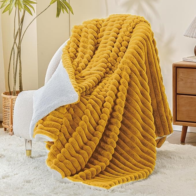 INFIIXSO Sherpa Throw Blanket for Couch - Super Soft & Warm Striped Fleece Blanket, Cozy Plush Fluffy Blanket All Season Use (Mustard Yellow, 60x80 Inches)