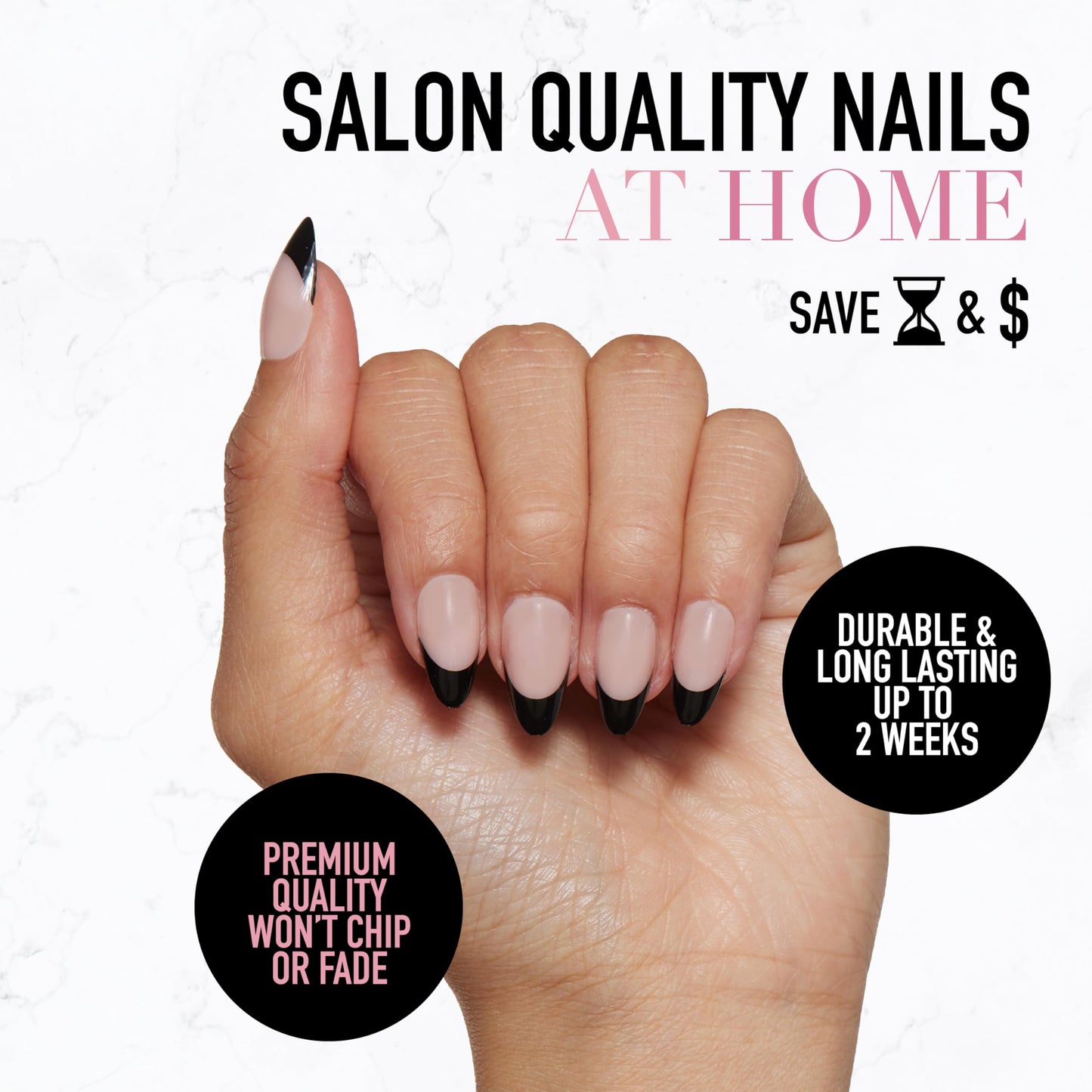 Glamnetic Press-On Nails Bundle - 'Til Death, Angel & Caviar | Ombre 3D Lace Fake Nails | Opaque White Nails | Short Almond Black French Tip False Nails