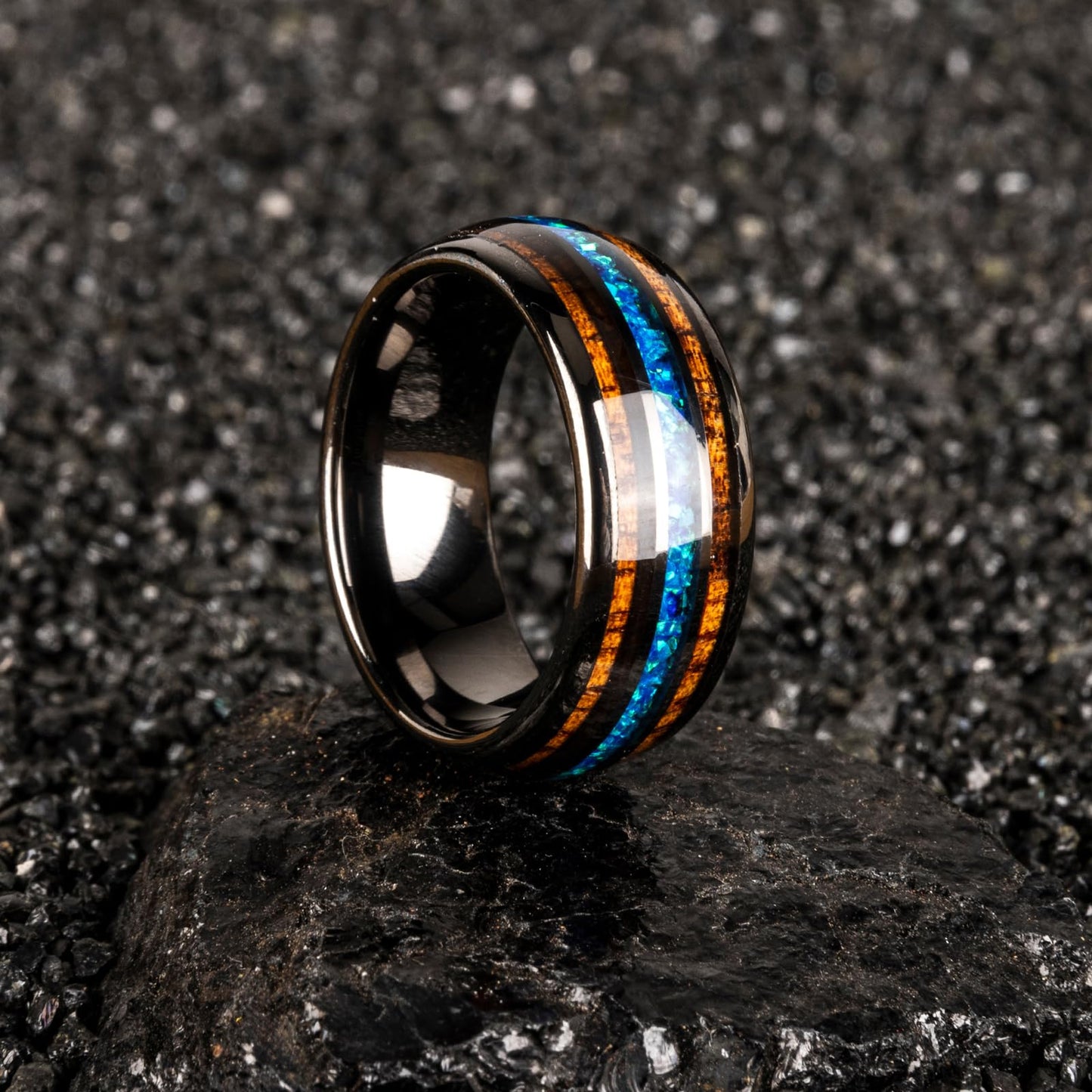 JEWPER 8mm Men Womens Wedding Band Tungsten Rings dark gun black Fashion Promise Carbide Inlaid blue opal koa Matte Finish Edge Comfort Fit Size(11)