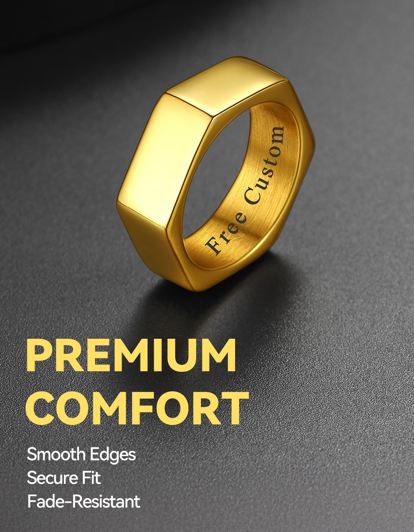 ChainsHouse Personalize Simple Band Rings 18K Gold Plated Geometric Hexagon Biker Ring for Men Women, Size 9