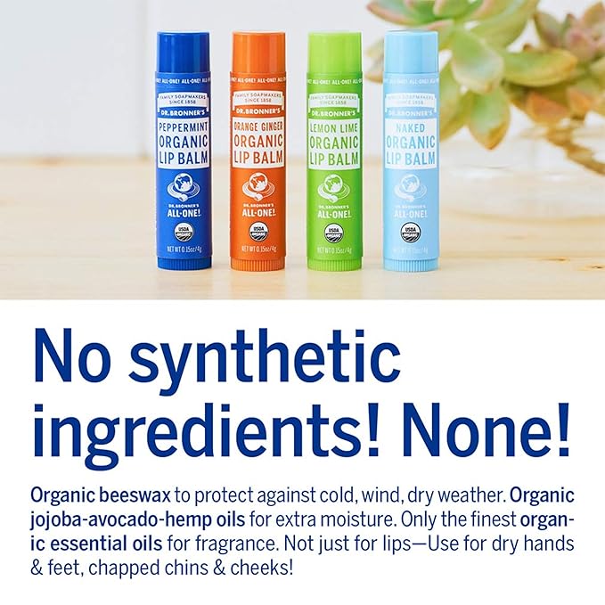 Dr. Bronner’s Organic Lip Balm 6-Pack (.15oz) Natural, Moisturizing, Petroleum-Free Lip Moisturizer with Beeswax & Avocado Oil for Dry Lips, Men & Women - Unscented