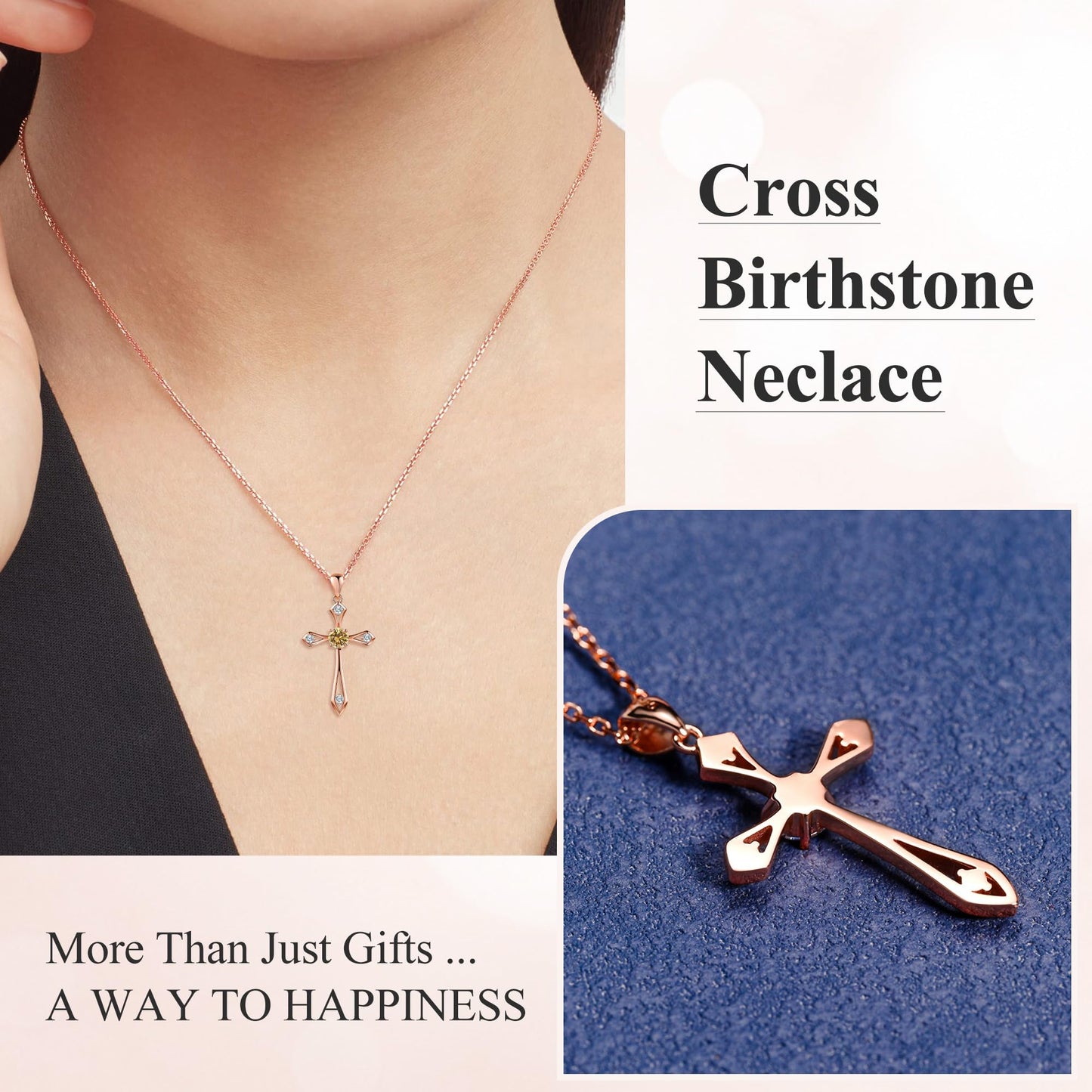 QUALISE Cross Necklace for Women,925 Sterling Silver Birthstone Necklace,Citrine-November Birthstone Cross Necklace,Faith Religious Fine Jewelry Valentines Day Gifts Birthday Holiday Gifts for Her,