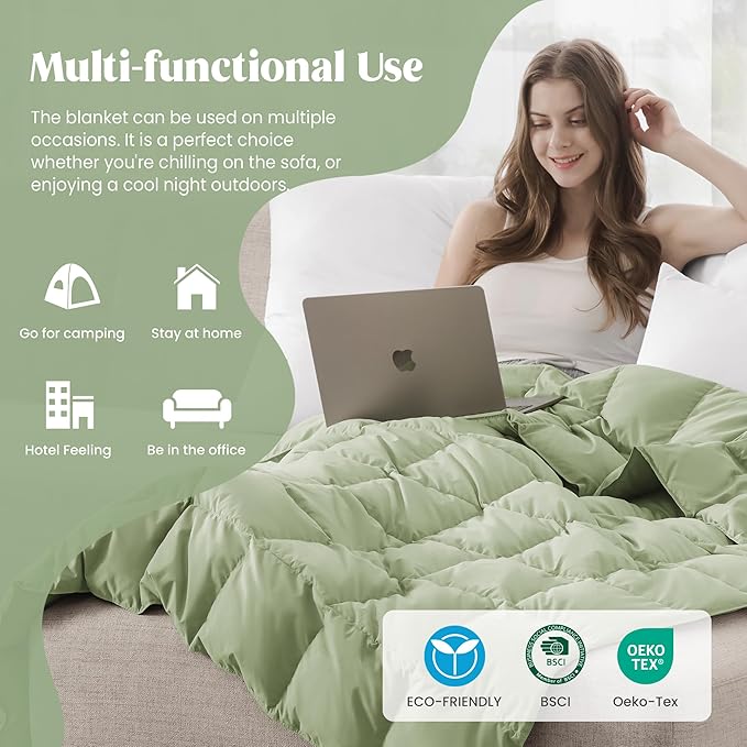 puredown® King Size Blanket for Bed, Ultra Soft Lightweight Down & Feather Fill, All Season Blanket, Machine Washable, 88"X108", Sage Green