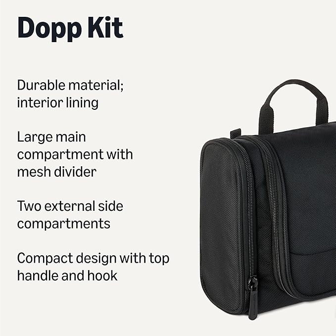 Amazon Essentials Spacious Toiletry Bag, Hanging Cosmetic Dopp Kit with Compartments, Portable, Polyester, Black (Previously Amazon Basics)