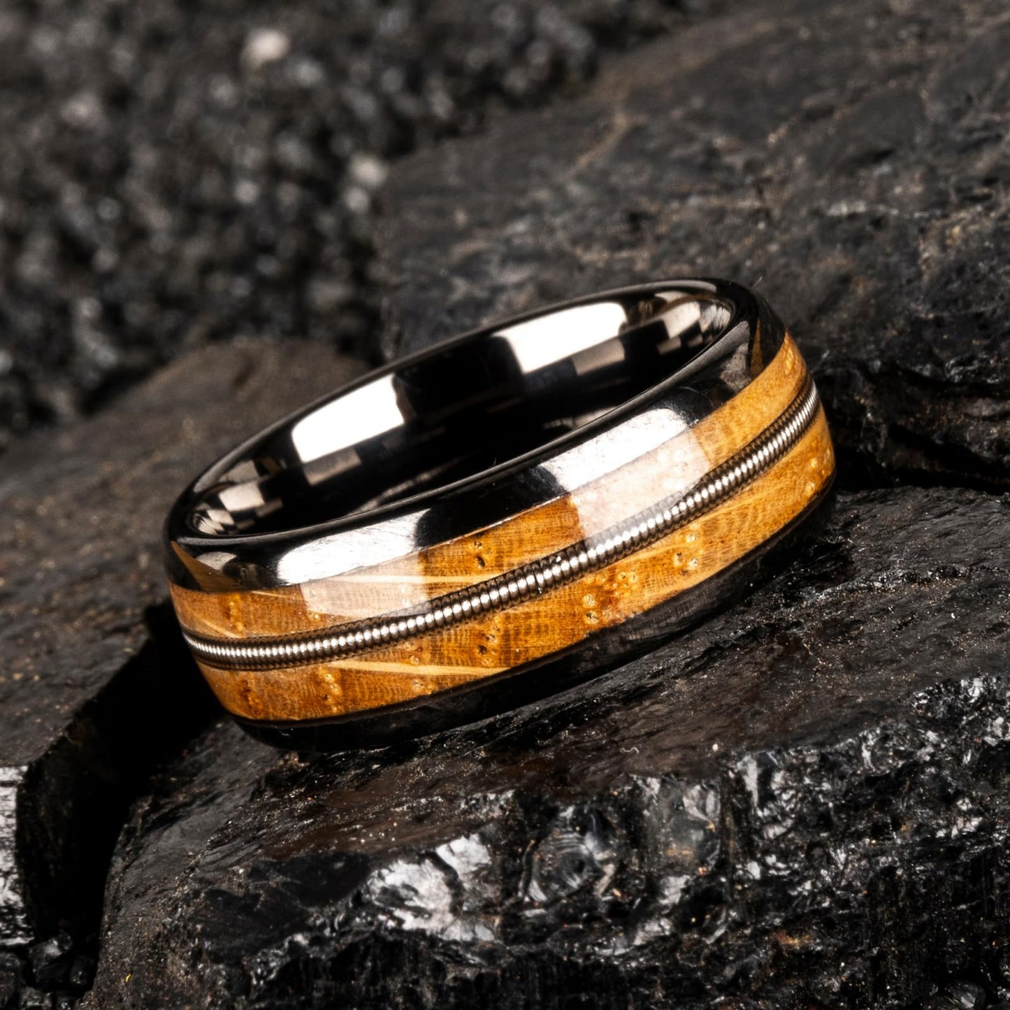 JEWPER 8mm Men Womens Wedding Band Tungsten Rings dark gun black Fashion Promise Carbide Inlaid Guitar Strings whiskey barrel wood Matte Finish Edge Comfort Fit Size(12)