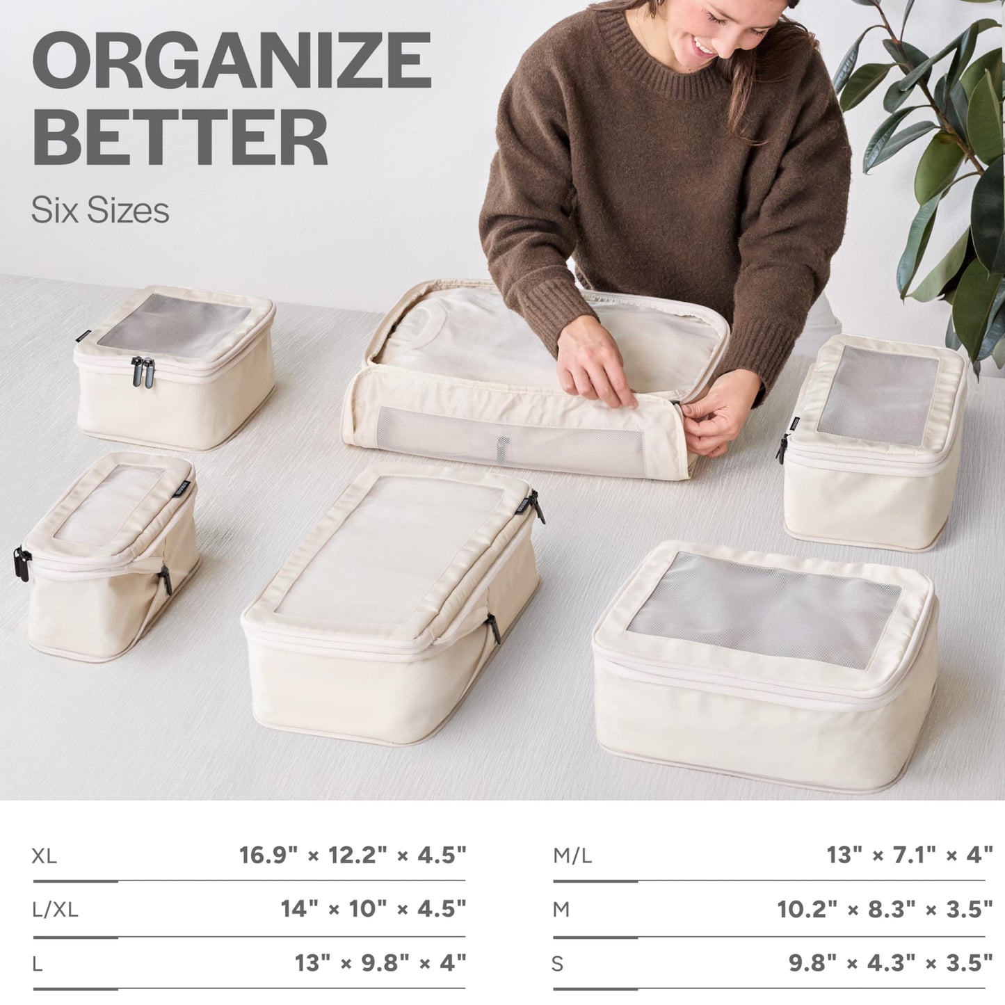 Aerotrunk Compression Packing Cubes for Travel - Luggage Organizer Bags - Double Zipper Packing Cubes for Suitcases (6-Pack, Beige)