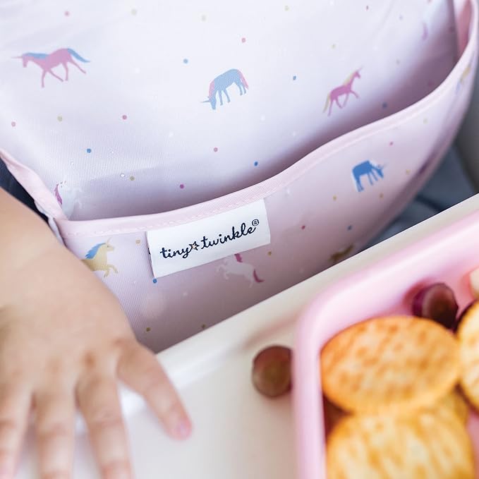 Tiny Twinkle Mess-Proof Baby Bibs for Eating | Waterproof, Wipeable Toddler Bibs with Catch-All Pocket | Feeding Bibs for Girls & Boys(3 Pack,Unicorn)