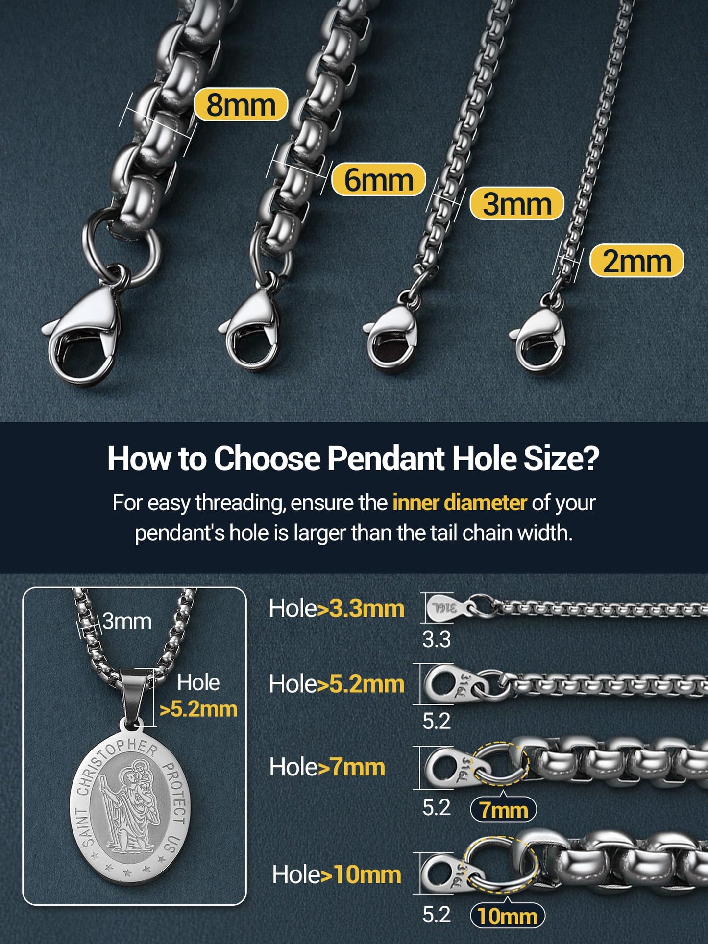 PROSTEEL Mens Chain Necklace, Squre Rolo Link Chains Stainless Steel Necklace 2mm Waterproof & Strong Lobster Clasp Men and Women Jewelry with Gift Box 30in