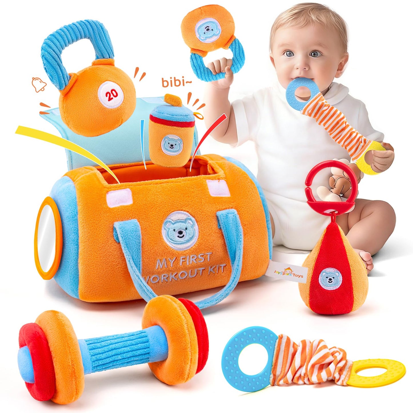 Baby Toys 3-6-12 Months Sensory Toy for Babies Workout Dumbbell Weights Toy Set with Rattles,Crinkle,Mirror & Teether,Montessori Toys for 6 Month Old Infant Baby Girl Boy Gifts