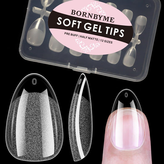BORNBYME Extra Short Almond Soft Gel Nail Tips,120PCS Pre Buff Full Cover Shaped Nail Extenison Tips Half Matte Gel Nail Tips Acrylic False Nail Tips
