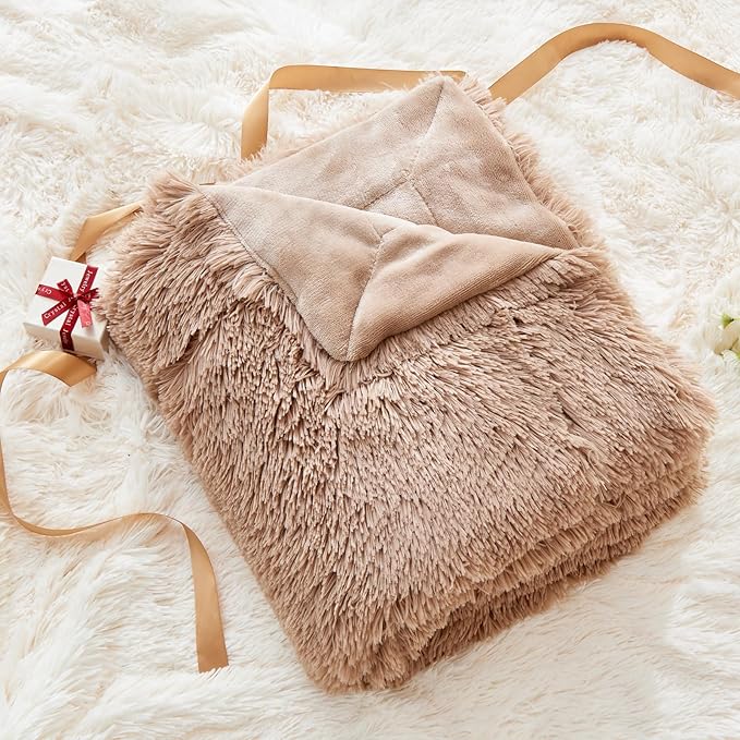 GONAAP Fuzzy Faux Fur Throw Blanket Twin Size Taupe Super Soft Cozy Plush Fuzzy Shaggy Blanket for Couch Sofa Bed (Taupe, Twin(60"x80"))