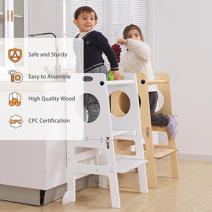 Toddler Tower Step Stool for Kids Kitchen Stool Helper Toddler Standing Tower Foldable Children Table Kids Table and Chair Set Montessori Helper Tower Natural