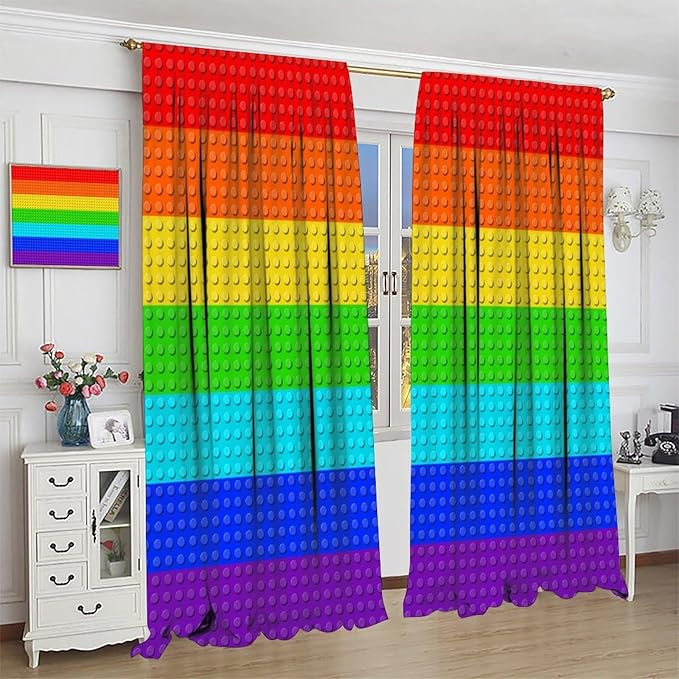 Colorful Building Block Toy Curtain Rod Pocket Children's Nursery Rainbow Contour Plastic Toy Brick Geometric Print Pattern Curtain Boys Girls Bedroom Playroom 2 Panels 63x72in