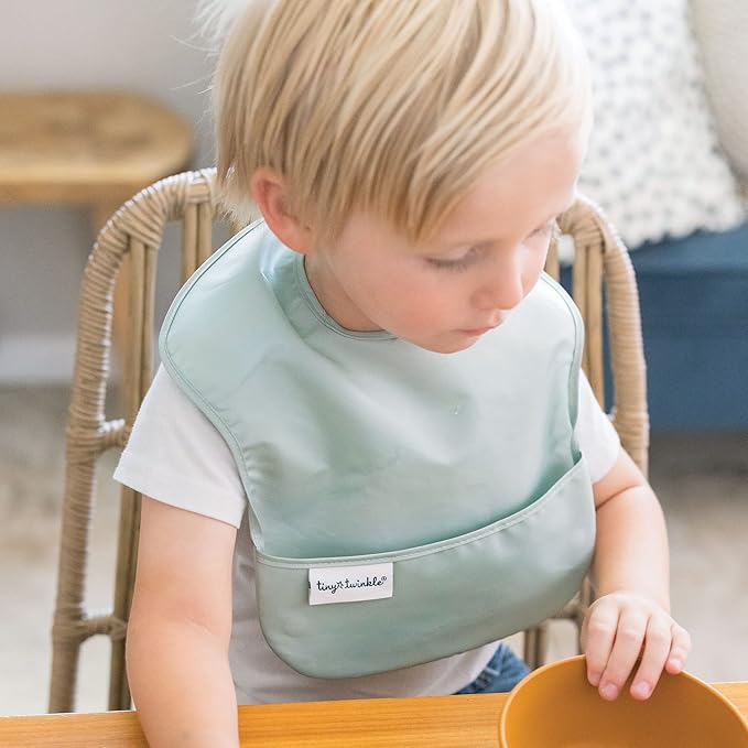 Tiny Twinkle Mess-Proof Baby Bibs for Eating | Waterproof, Wipeable Toddler Bibs with Catch-All Pocket | Feeding Bibs for Girls & Boys(3 Pack,Sage, Charcoal)
