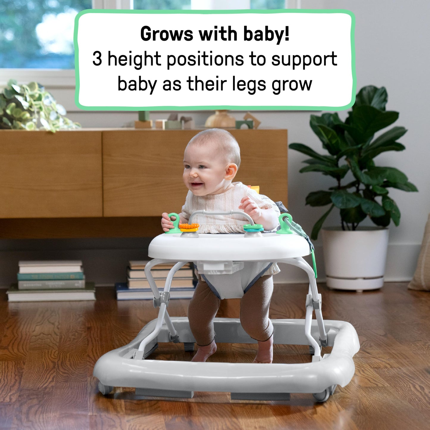 Ingenuity Smooth Strides Activity Baby Walker - Chambray, Developmental Walker, 3 Adjustable Heights, Toys Included, 6M-12M