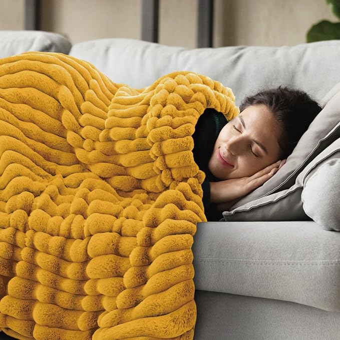 INFIIXSO Sherpa Throw Blanket for Couch - Super Soft & Warm Striped Fleece Blanket, Cozy Plush Fluffy Blanket All Season Use (Mustard Yellow, 60x80 Inches)