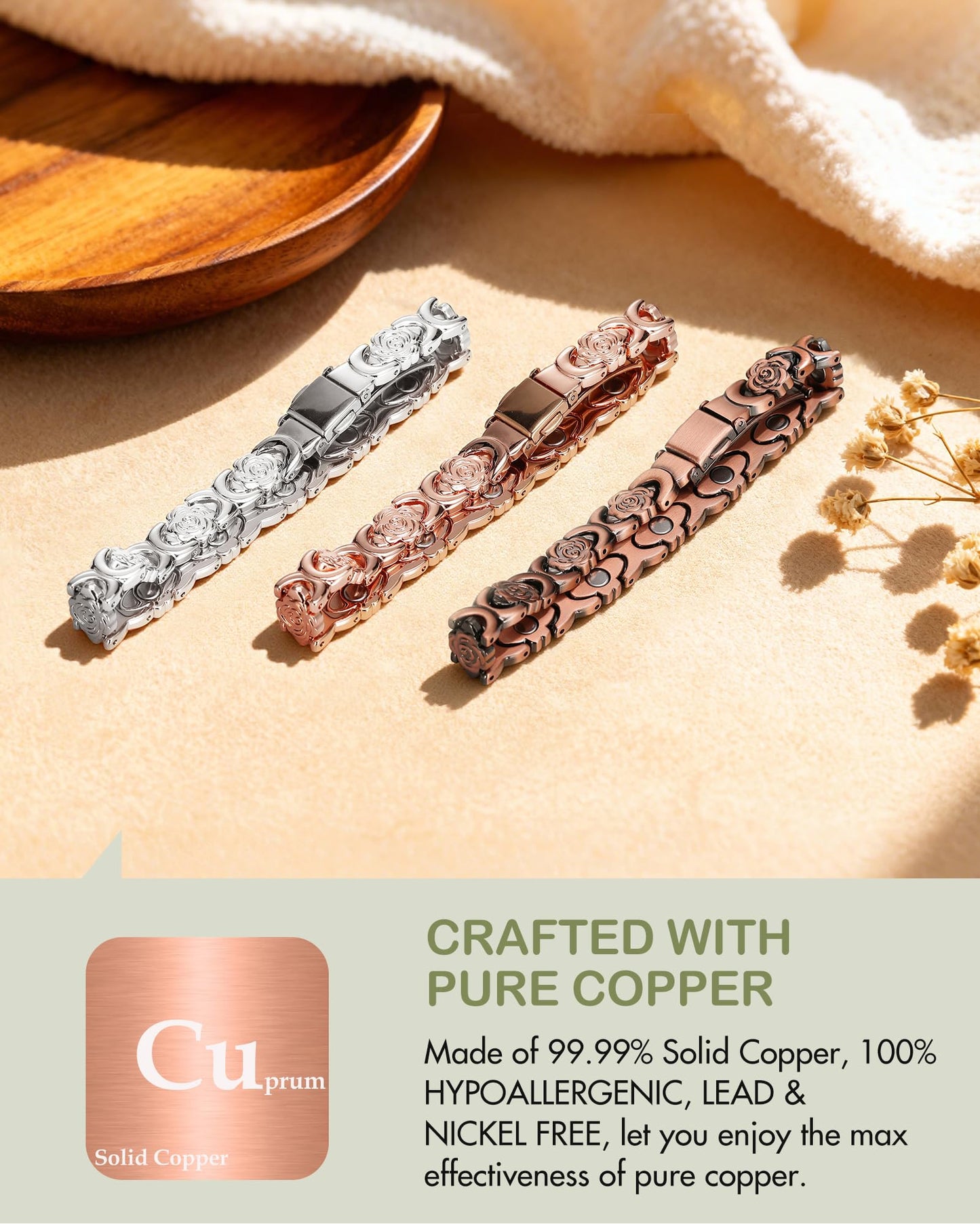 Feraco Pure Copper Bracelets for Women, Ultra Strength Magnetic Bracelet for Women with 3800 Gauss Magnet, Adjustable Flower Real Copper Jewelry Gift with Infinite Rose-Engraved (Silver)