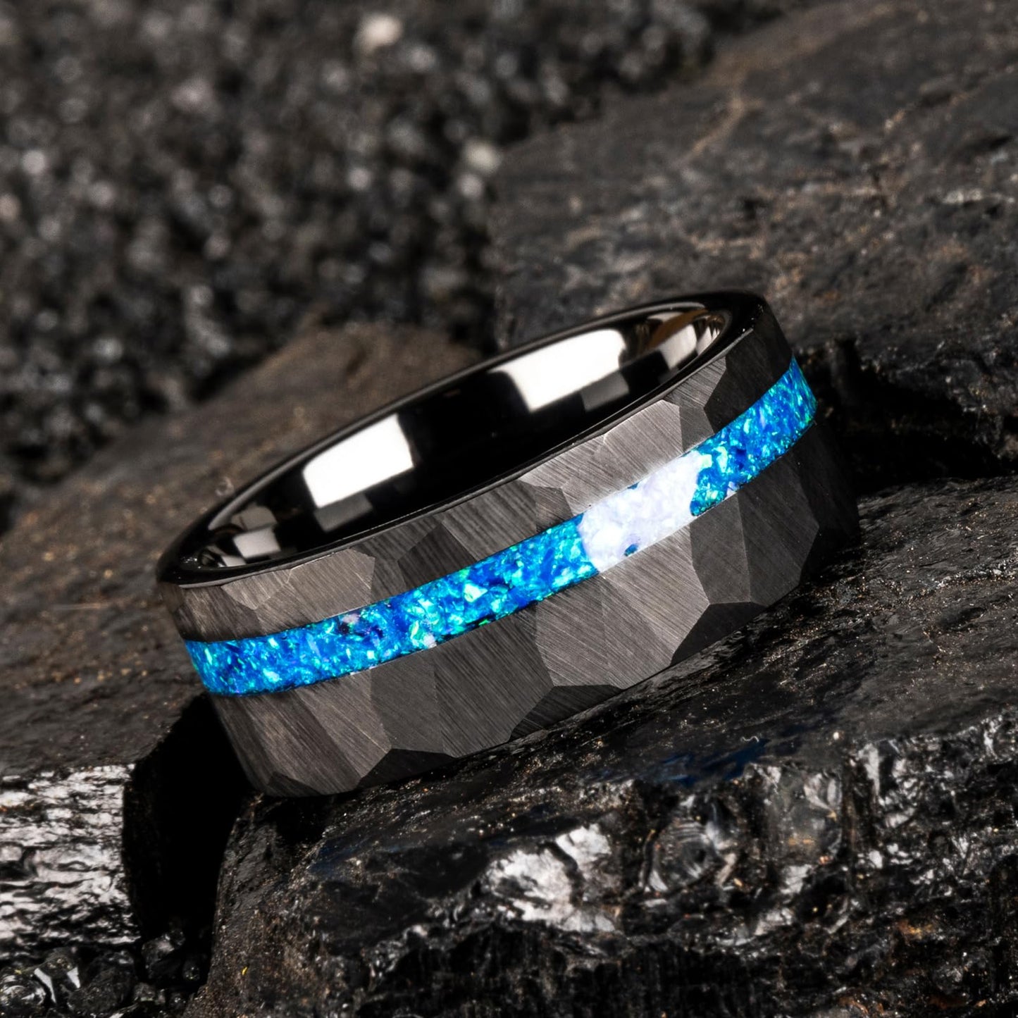JEWPER 8mm Men Womens Wedding Band Tungsten Rings Black Blue Hammer pattern Fashion Promise Carbide Inlaid Opal Matte Finish Edge Comfort Fit Size(13)