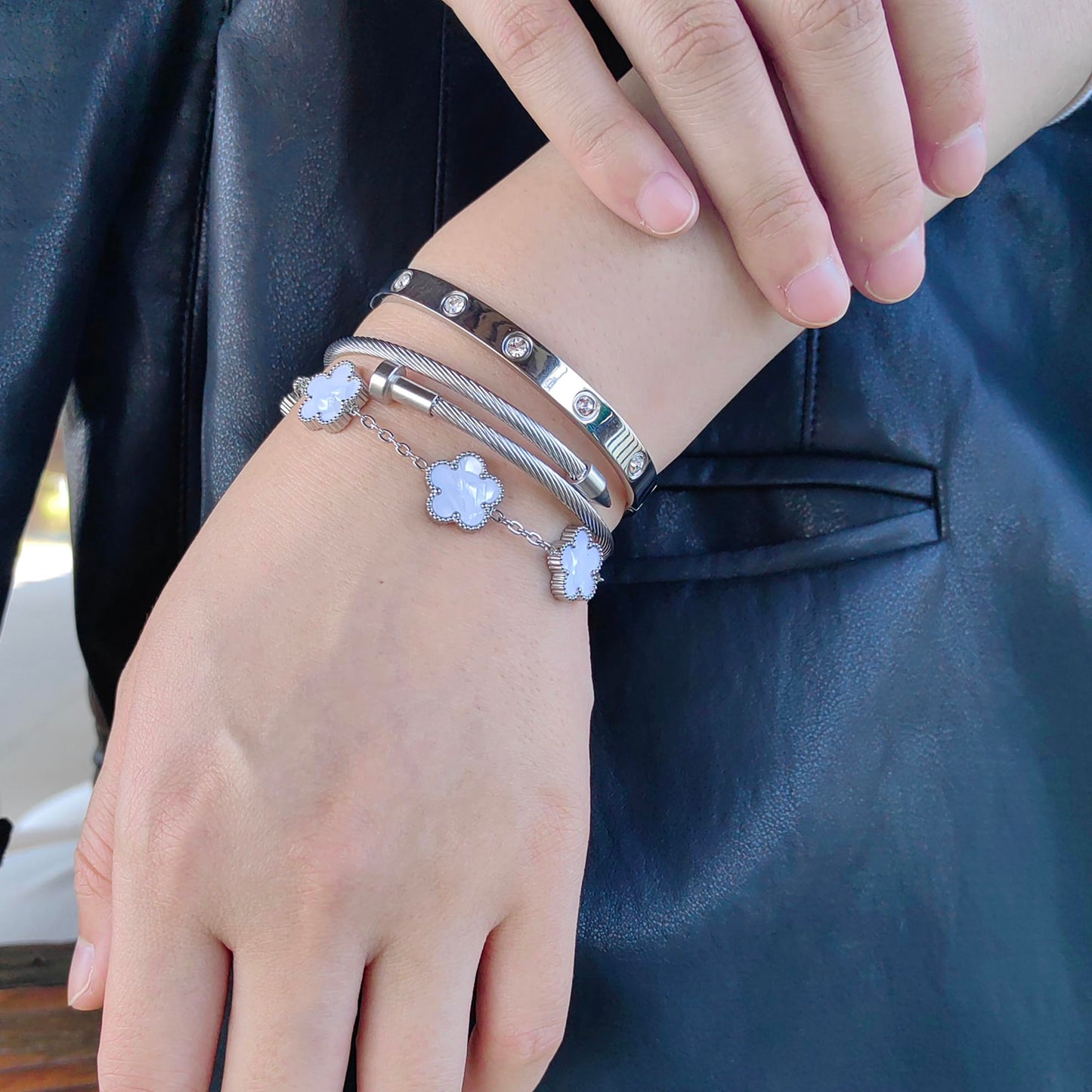 Jade cabbage Gold Bracelets for Women 18K Gold Plated Love Friendship Bracelet With Cubic Zirconia Cuff Bangle Jewelry Set Witness the Gift of Love (Silver 3pcs-A Medium 6.5")