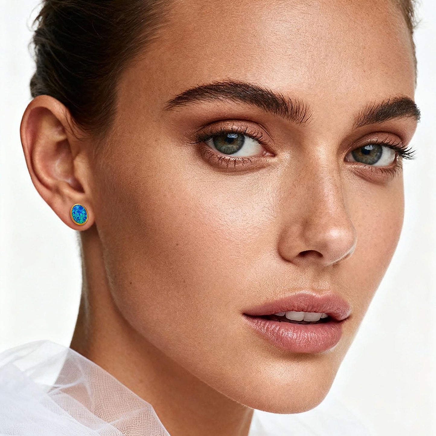 JiayangJY Silver Blue Fire Opal Stud Earrings for Women 18K Yellow Gold Plated Sterling Silver Oval Shape 7mm Opal Earrings with Push Back