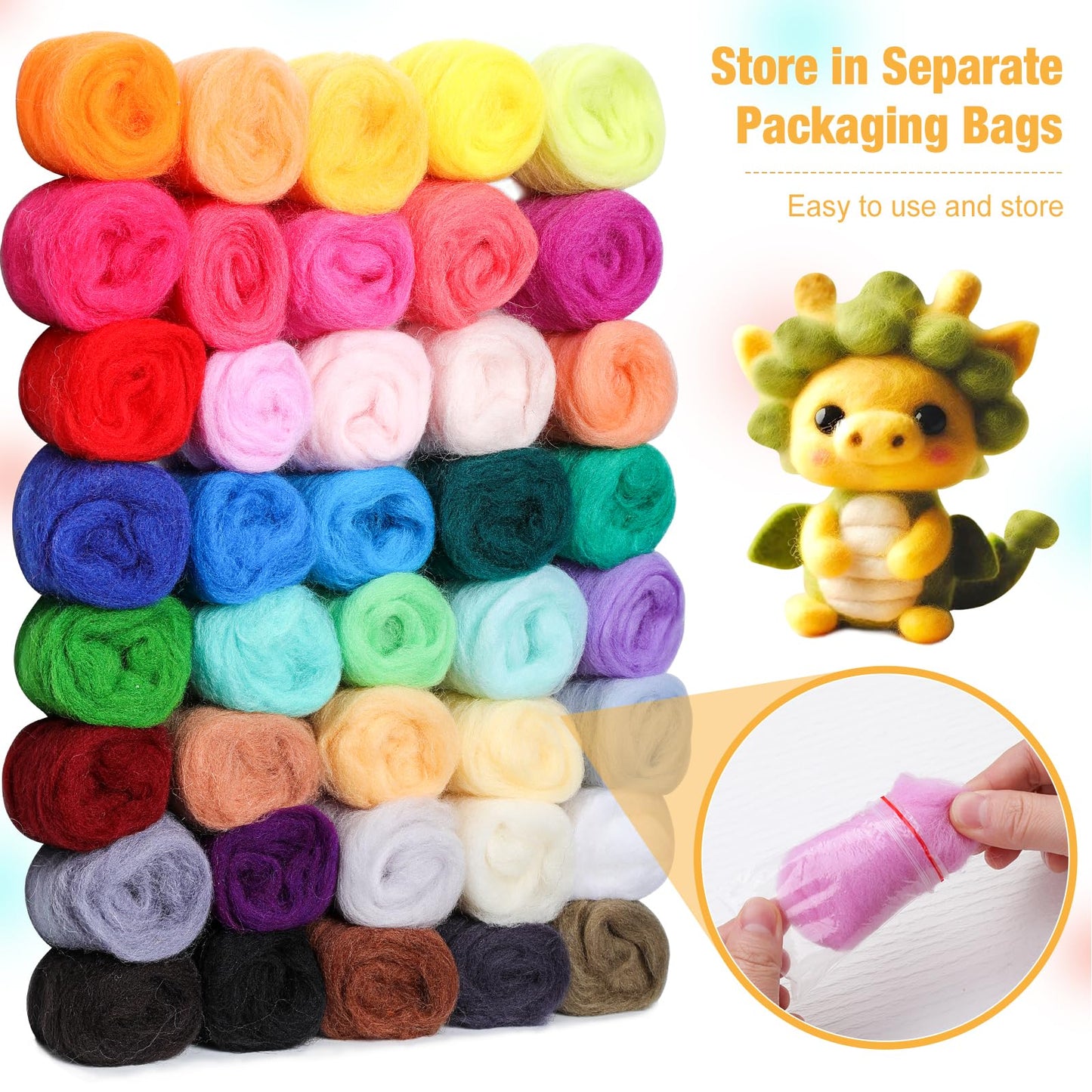 Mayboos Needle Felting Starter Kit,Wool Roving 40 Colors Set, Wool Felt Tools with Instruction Included for Felted Animal Needle Felting Supplies